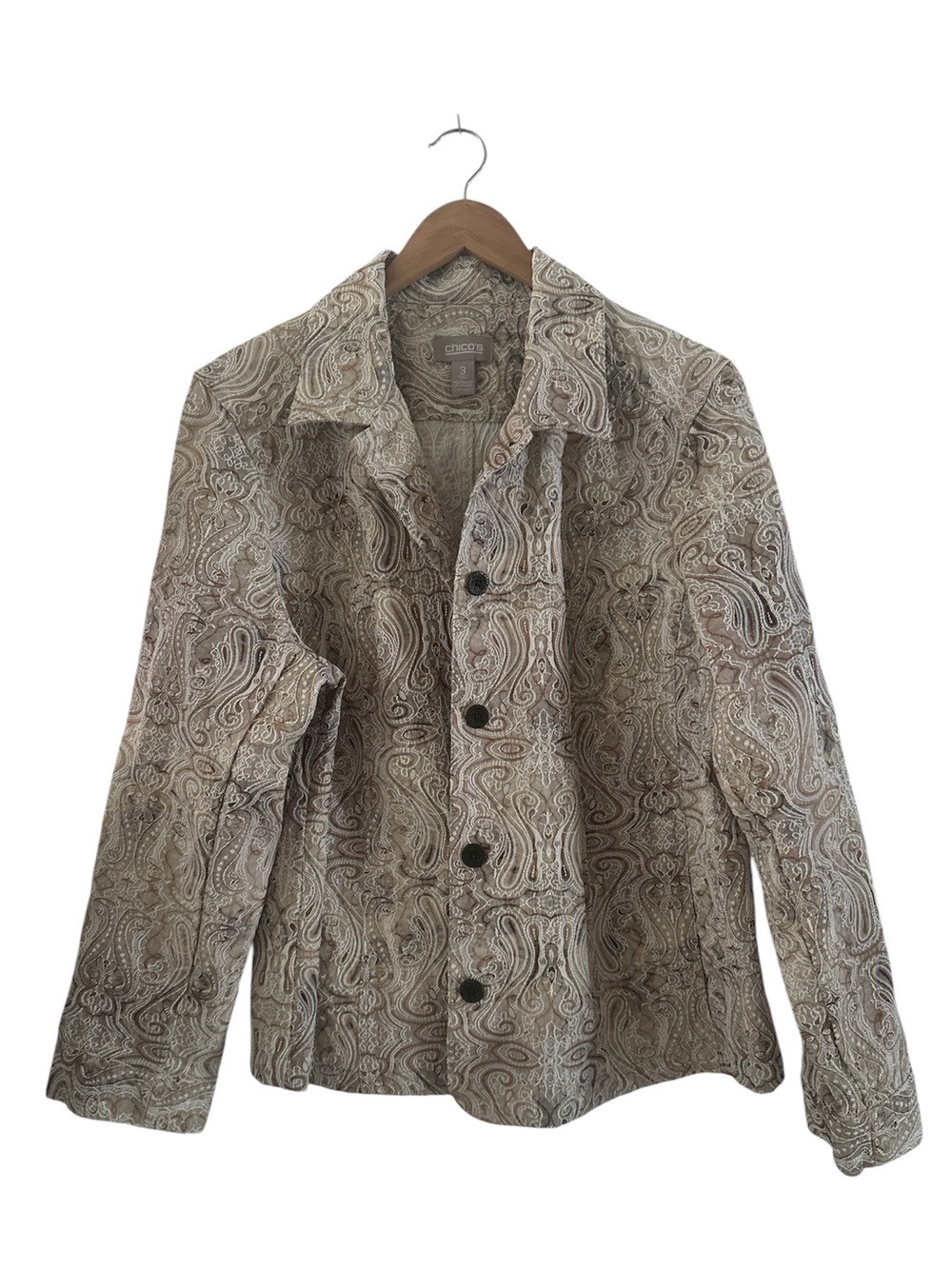 Chico's Textured Button-Front Jacket in Taupe & Cream Like New sz 3